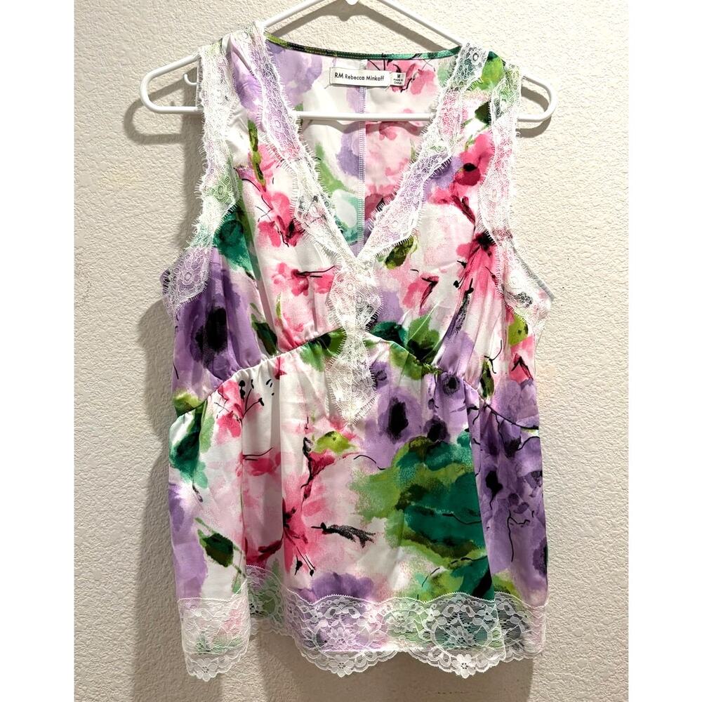 Rebecca Minkoff Multicolor Floral V-Neck Lace Trim Blouse Size M